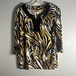 JM Collection‎ Zebra Print Sequin V Neck 3/4 Sleeve Top Women's P/M